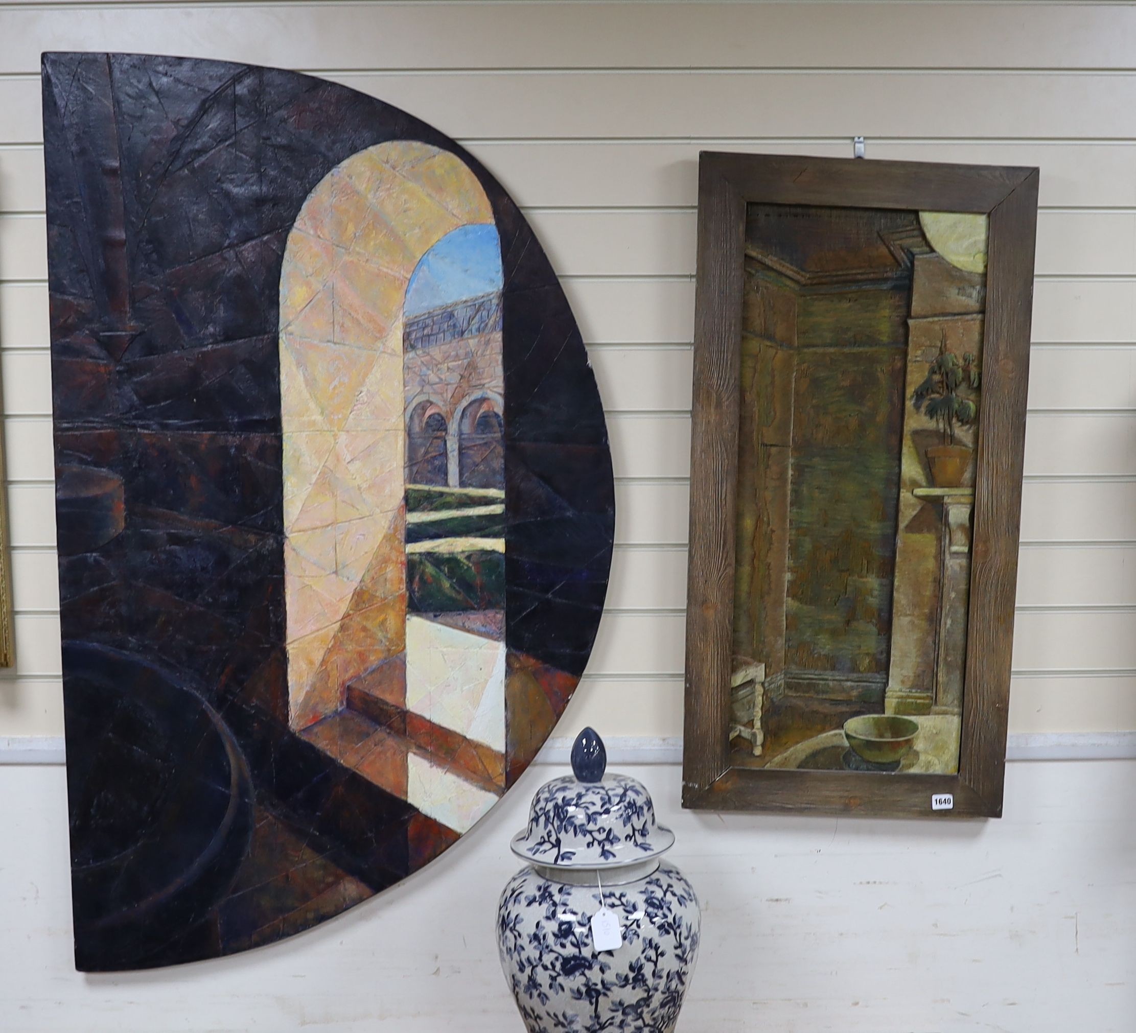 Caroline White, two oil on carved plywood panels, Corner of a room with pot plant, signed verso, 84 x 35cm and 'Harmony II', 140 x 84cm